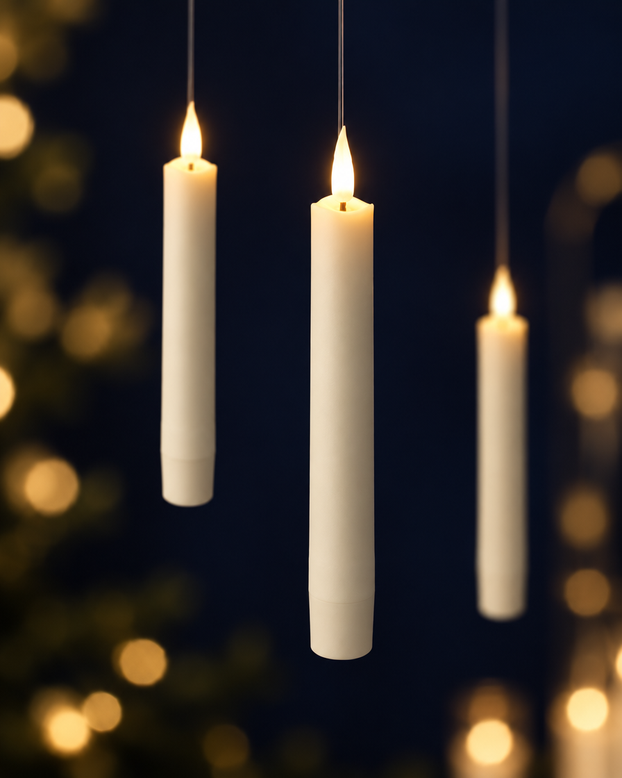Close-up of three Spellwicks candles hanging with flickering flame tips