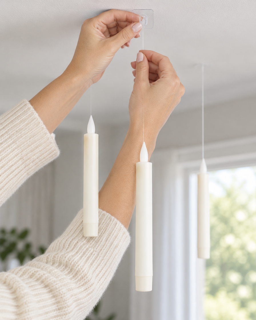 Hanging a Spellwicks candle from the ceiling with the included hook and thread