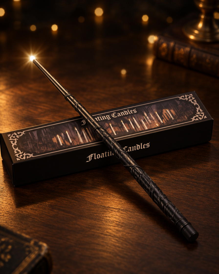 The wand with its lit tip resting on the Floating Candles box