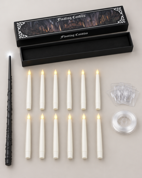 What's in the box: the Floating Candles retail box, twelve candles, the wand, hooks and clear line